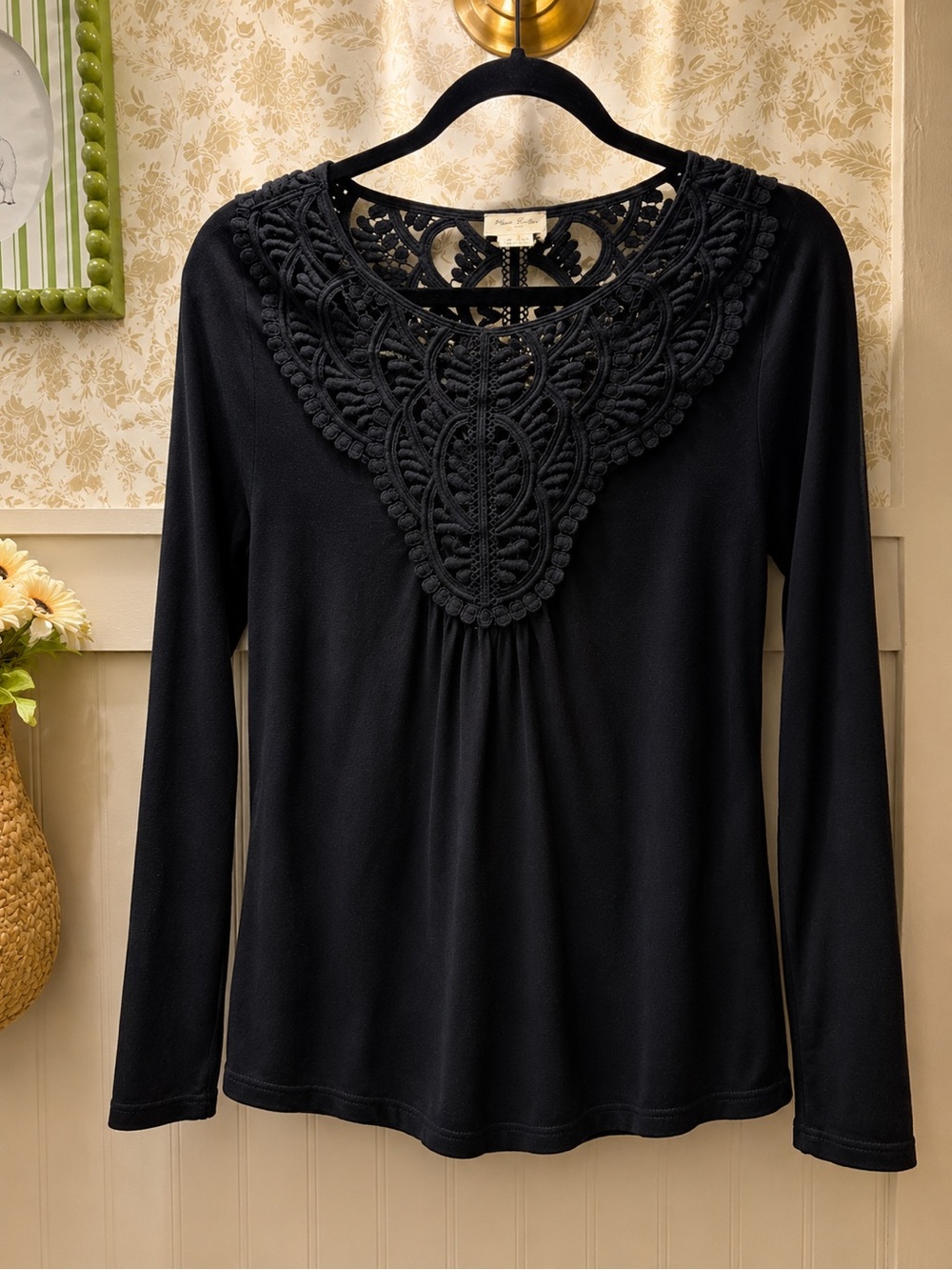 Meadow Rue Black Long-Sleeve Top with Crochet Yoke